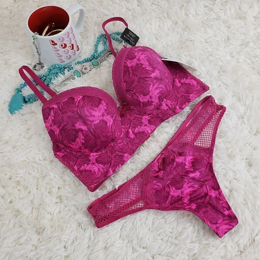 French Affair 36B Pink Floral Thong M PushUp Long Line Plunge Bra